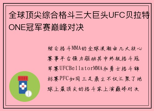 全球顶尖综合格斗三大巨头UFC贝拉特ONE冠军赛巅峰对决